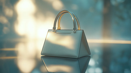 A premium designer handbag with elegant texture, resting on a smooth, reflective surface with soft lighting that emphasizes its craftsmanship.の素材