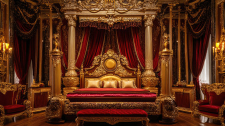 A richly decorated royal bed with velvet and satin linens, complete with gold-trimmed pillows and luxurious accentsの素材