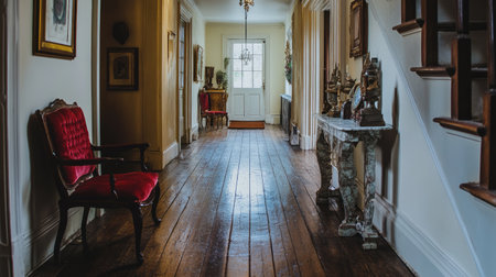 A rustic luxury hallway with polished wood floors, velvet armchairs, and an elegant marble console table adorned with antique decor piecesの素材