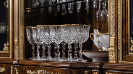 A regal wooden cabinet with gold inlays, holding exquisite royal china and crystal glassware, bathed in soft ambient lightの素材