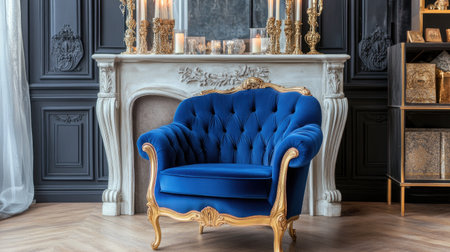 A royal blue velvet armchair with gold trim, positioned in front of a grand fireplace adorned with royal decor and candlesの素材