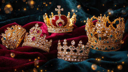 A set of royal crowns displayed on a plush velvet surface, surrounded by rich golden detailing and opulent royal decorの素材