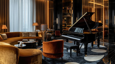 A sleek black grand piano placed in a chic living room with plush velvet furniture, radiating opulence and high-end livingの素材