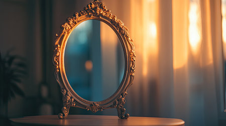 A silver mirror with a unique, ornate design, placed on a polished wooden surface, reflecting soft, ambient lightの素材