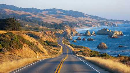 A coastal road lined with jagged rocks, fading into the horizon over the ocean.の素材