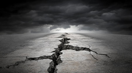 A cracked and weathered rural road leading into the distance under a dark stormy sky.の素材