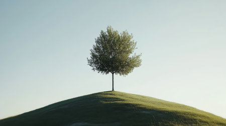 A lone, minimal tree sitting atop a hill with a soft, neutral background of empty space.の素材