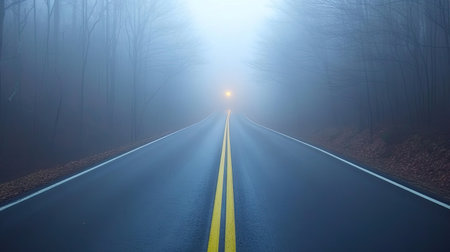 A foggy road at night with faint streetlights casting a soft glow, creating a mysterious atmosphere and clean space.の素材
