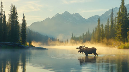 A peaceful lake in the early morning, with a lone moose wading through the water, framed by mist rising off the surface.の素材