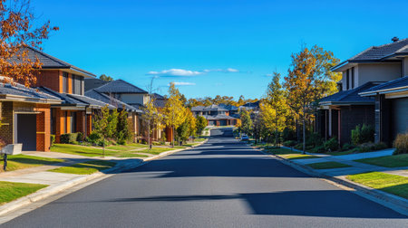 A quiet suburban street with light traffic and clear blue skies, offering clean lines and plenty of open space for overlays.の素材