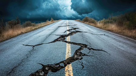 A cracked and weathered rural road leading into the distance under a dark stormy sky.の素材