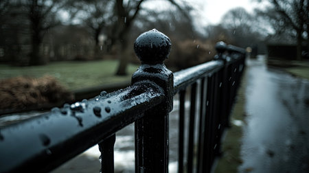 A rainy day on a small bridge over a stream, with water flowing below and droplets on the railing.の素材