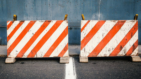 A highway with freshly laid asphalt, marked by striped construction barriers and open space for text.の素材