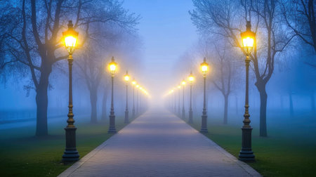 A foggy road at night with faint streetlights casting a soft glow, creating a mysterious atmosphere and clean space.の素材