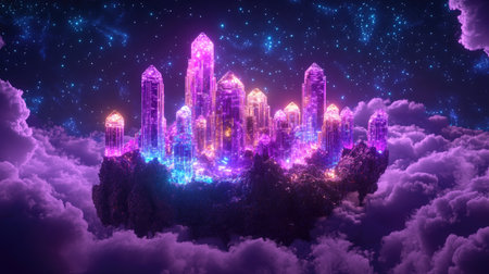 A mystical island in the sky with glowing, crystalline structures jutting out from the ground, under a kaleidoscope of neon clouds.の素材