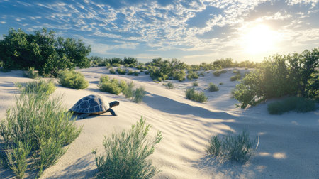 A peaceful desert scene with a pair of desert tortoises slowly making their way across a sandy dune under the bright sun.の素材