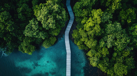 A narrow wooden boardwalk trail cutting through a dense mangrove forest.の素材