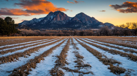 A picturesque snowy field bordered by distant mountains and lit by the golden glow of sunset.の素材