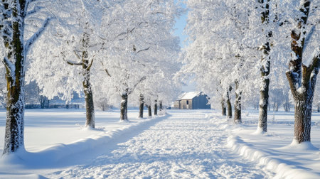 A snow-covered farm field with an old barn in the distance under a pale winter sky.の素材