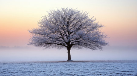 A tranquil snow-covered landscape with one lone tree standing against a pale, gradient sky.の素材