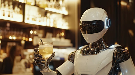 Close-up of a robot serving drinks in a cafe, designed with a streamlined body and advanced wheels for mobility.の素材