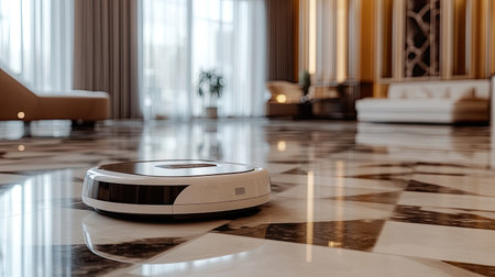 A robot designed for room service in a luxury hotel, moving smoothly over polished floors with a tray in its grasp.の素材