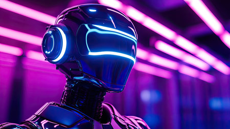 D-rendered robotic design concept illuminated in a futuristic setting.の素材