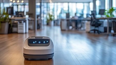 A robot with a smooth surface and efficient design, navigating through a bright, modern office space.の素材