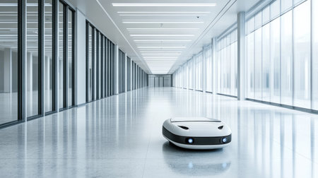 A robot with a smooth surface and efficient design, navigating through a bright, modern office space.の素材