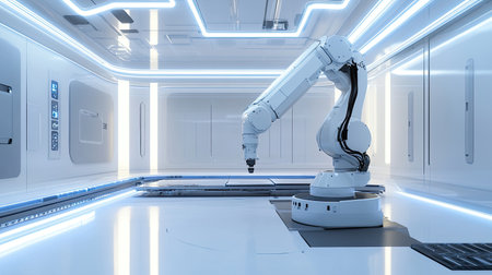 Automated robotic arm crafting a precise design in a high-tech manufacturing space with glowing accents.の素材