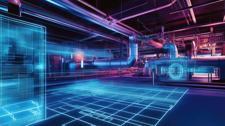 Abstract representation of smart automation in energy management, with glowing grids and connected systems.の素材