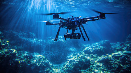 A robotic drone surveying an underwater ecosystem, capturing intricate details of marine life through clear, dark waters.の素材
