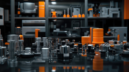 Modular robotic components displayed neatly on a dark reflective surface.の素材