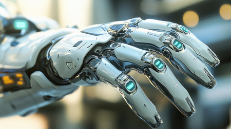 A futuristic robotic arm paired with a smart wearable, designed to enhance physical movement and provide real-time feedback.の素材