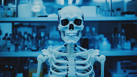 Futuristic robotic skeleton partially assembled in a minimalist lab environment.の素材