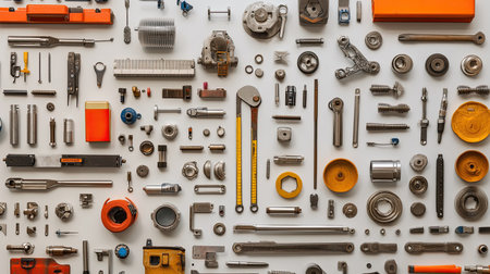 A collection of robotics engineering tools and metal components arranged in a pattern.の素材