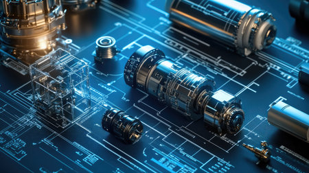 A series of robotic actuators and servos displayed against a backdrop of glowing blueprints.の素材