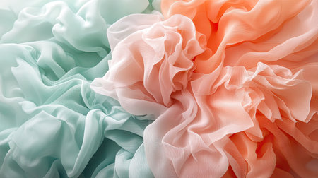 A fresh pastel gradient transitioning from pale mint to soft peach, with flowing textures and a light-filled, airy vibe.の素材