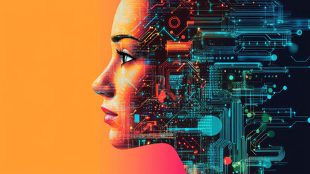 Holographic representation of AI-driven automation processes, featuring vibrant circuit-like patterns in the air.の素材