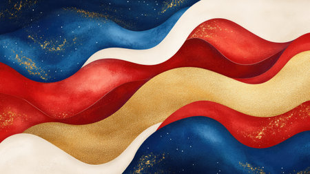 A dynamic artistic gradient transitioning from midnight blue to bright gold and fiery red, layered with bold, abstract lines.の素材