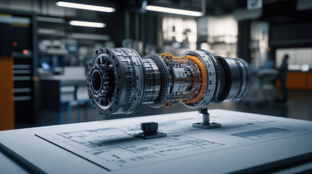 Robotic motor assembly displayed with technical schematics in a modern engineering lab.の素材