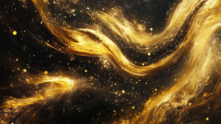 A polished dark background with golden metallic swirls and streaks, creating a high-end atmosphere and ideal for luxury branding projects.の素材