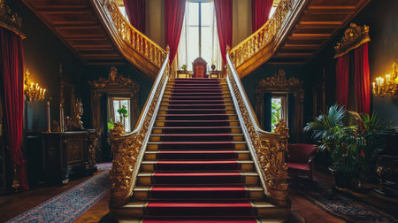 A grand royal staircase with golden banisters, adorned with rich velvet drapery, leading up to an opulent room with regal furnishingsの素材