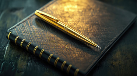 A fine gold pen placed on a black leather notepad with an intricate design, evoking an elegant business ambianceの素材