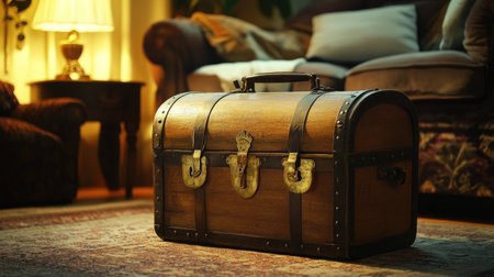 An antique wooden chest with golden clasps, sitting on an ornate rug, surrounded by soft lighting and rich, luxurious surroundingsの素材