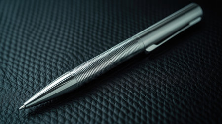 A detailed shot of a polished silver pen with a fine design, resting on a smooth black leather desk mat, exuding eleganceの素材