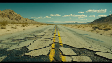 A cracked asphalt road in an abandoned area, with no signs of life or direction.の素材