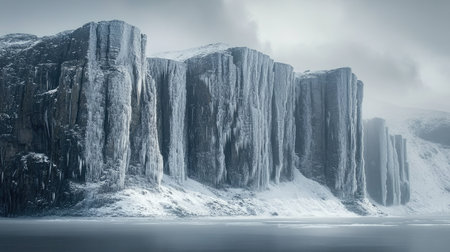 A dramatic view of snow-covered cliffs towering over a frozen lake under a gray winter sky.の素材