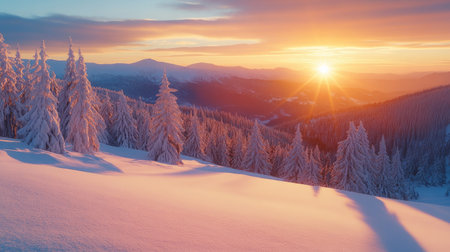 A tranquil winter sunset over a snow-covered landscape, with warm hues blending into the horizon.の素材