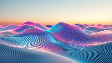 A dreamlike landscape with glowing light trails swirling across abstract desert dunes.の素材